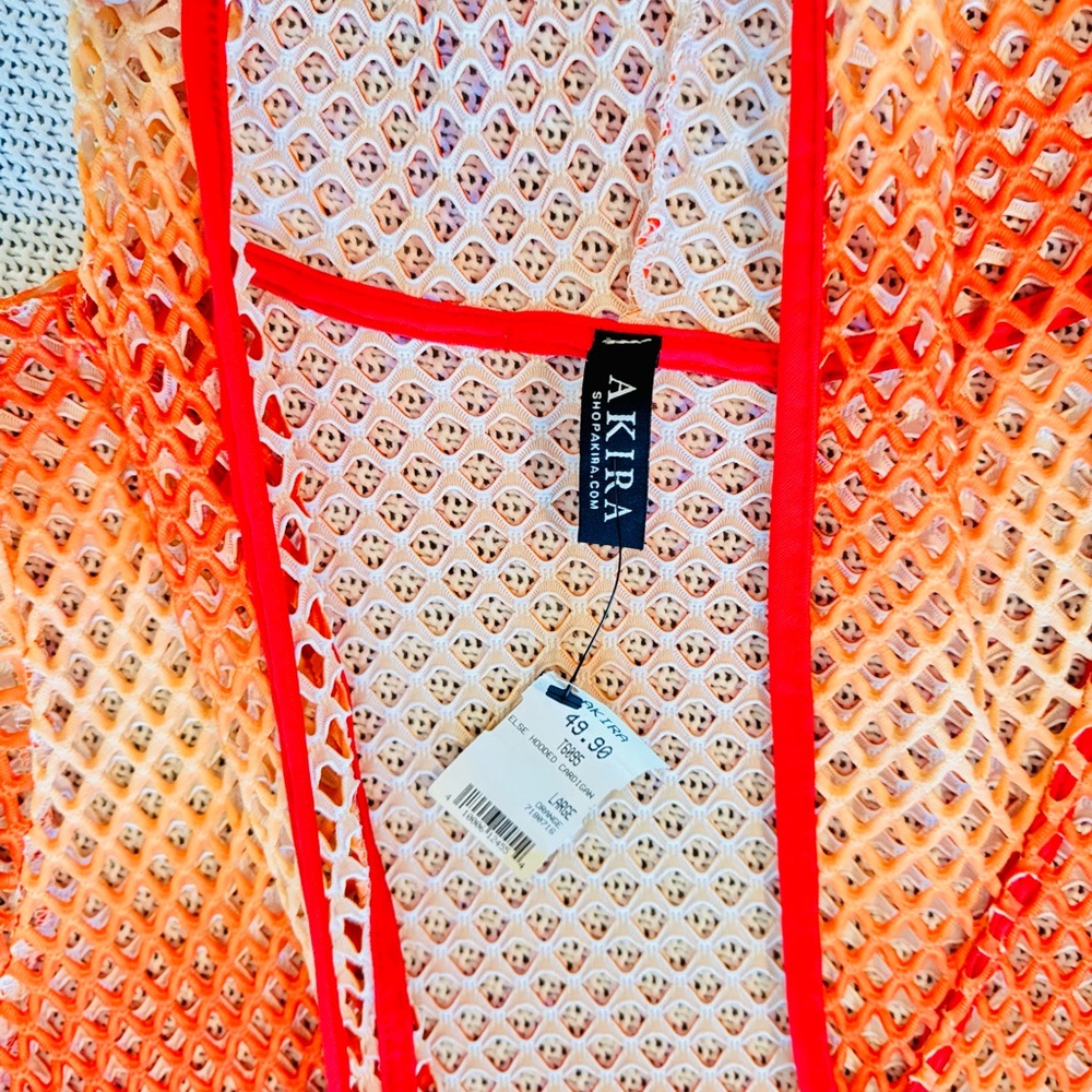 AKIRA Orange & Yellow Open Mesh Swim Coverup Long Maxi Dress w Hood Hooded Robe - Picture 9 of 16